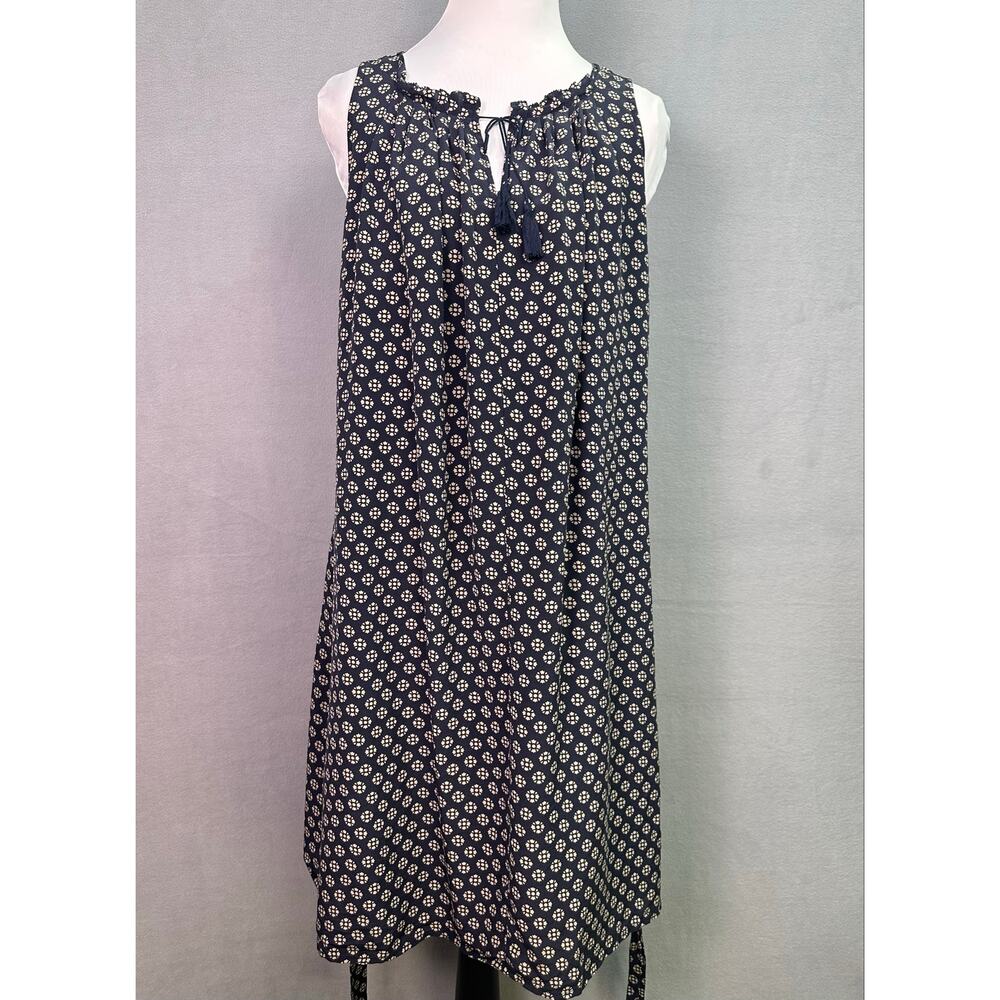 Madewell 100% Silk Navy Blue Printed Sleeveless Belted Tassel Tie Dress Size S - Picture 4 of 10